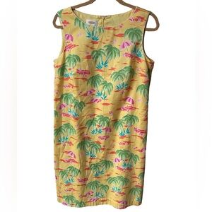 Vintage Talbots tropical yellow beach palm tree summer cotton mini dress size 12